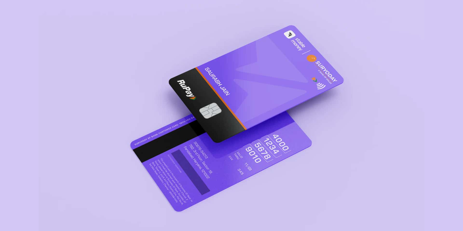 Two violet co-branded RuPay cards floating on pale lilac, one face up showing the chip and embossed name, the other showing its reverse.