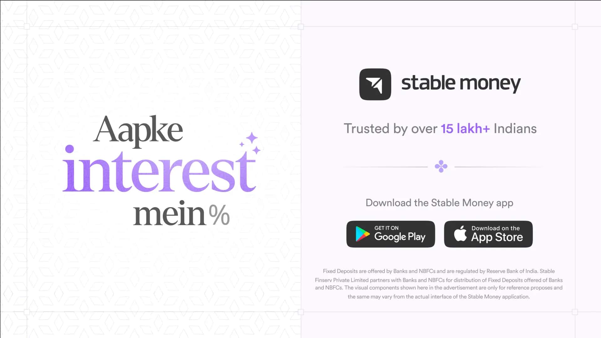 End-screen layout split down the middle: a serif headline over a patterned off-white panel on the left, an app-download call to action on the right.