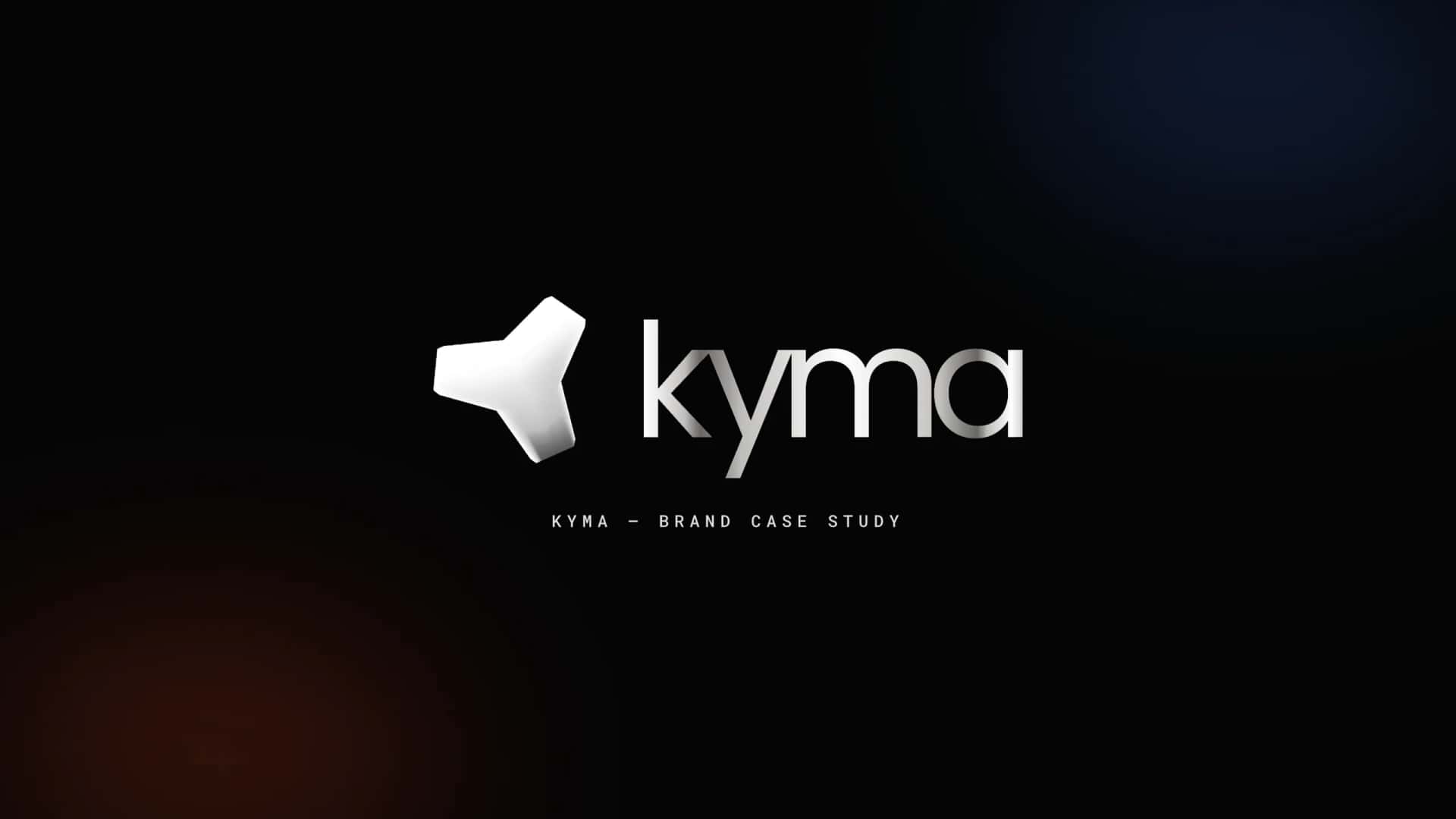 Title card on black: a white faceted prism mark beside the lowercase Kyma wordmark, captioned "Kyma — brand case study".